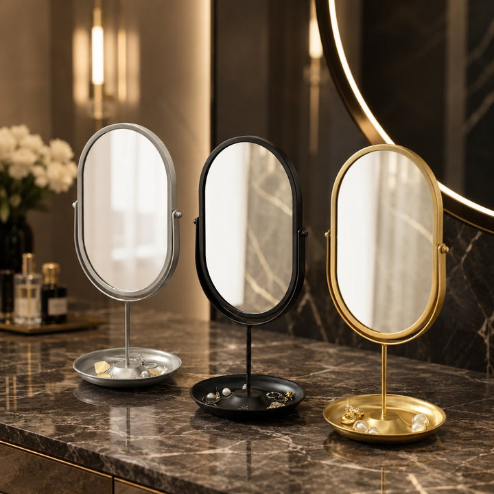 Modern Oval Makeup Mirror 360° Rotating Desktop Stand Wrought Iron Frame with HD Glass