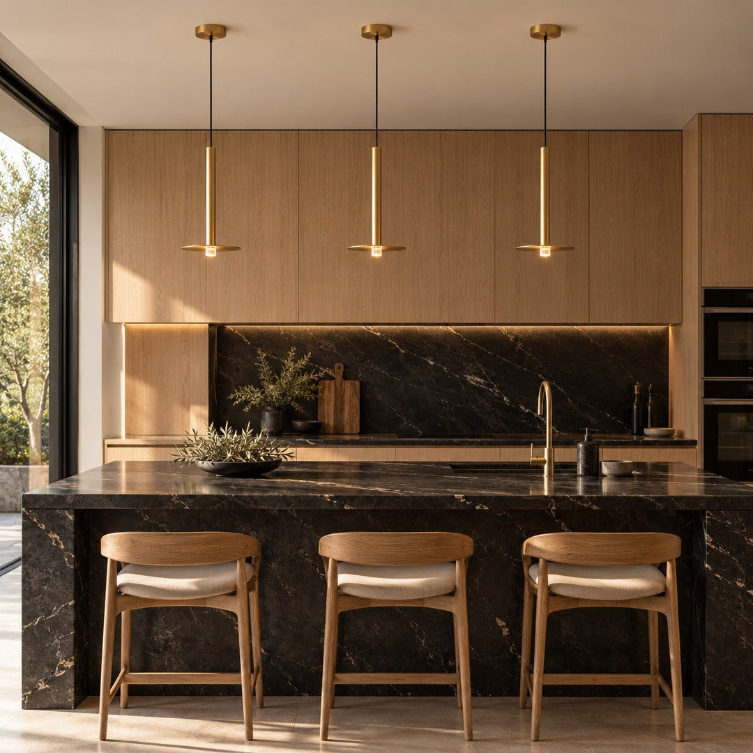 Modern Brass Disc LED Pendant Light with Slim Architectural Stem