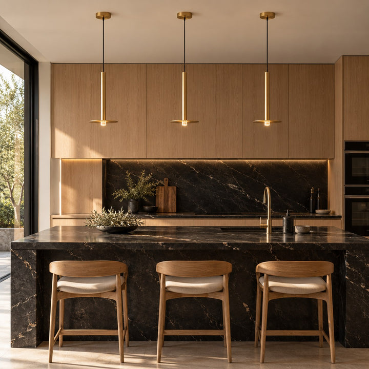 Modern Brass Disc LED Pendant Light with Slim Architectural Stem