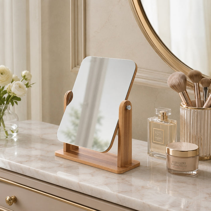 Modern Wooden Makeup Mirror 360° Rotating Compact Design with Solid Base for Vanity Use