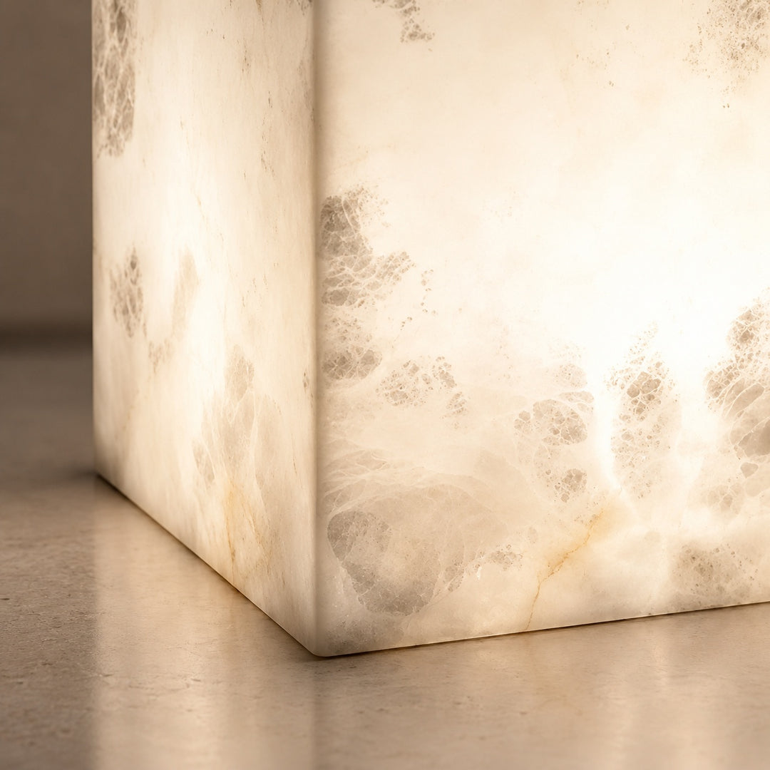 Modern Alabaster Table Lamp Cube Design LED Light for Bedroom or Desk Use