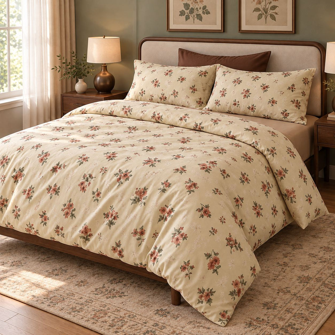 Vintage Floral Bedding Set Duvet Cover and Pillowcases Washed Cotton Breathable Durable