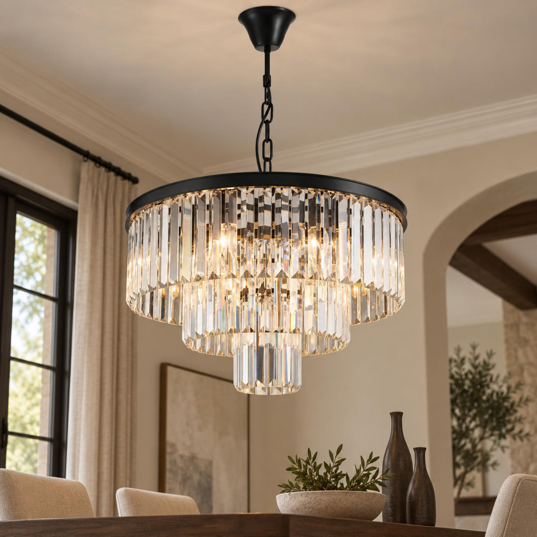 Modern Crystal Chandelier 3-Tier Hanging Light Fixture Black Metal Frame E12 LED Compatible