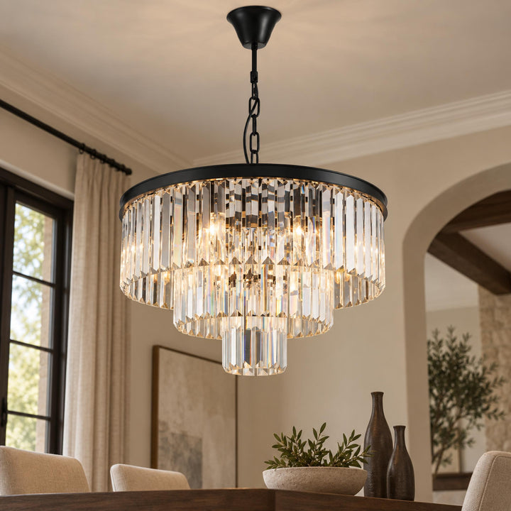 Modern Crystal Chandelier 3-Tier Hanging Light Fixture Black Metal Frame E12 LED Compatible