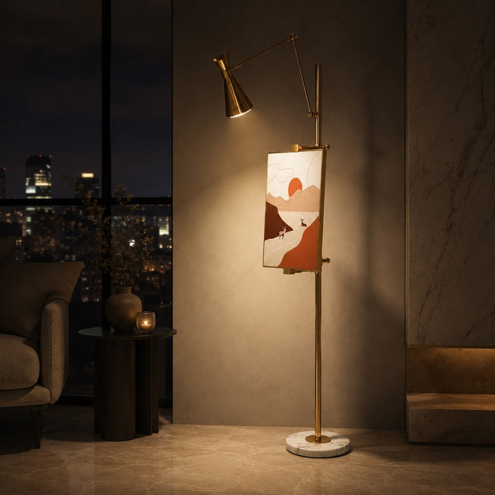 Modern Floor Lamp with Gold Metal Finish and White Marble Base for Living Room Lighting