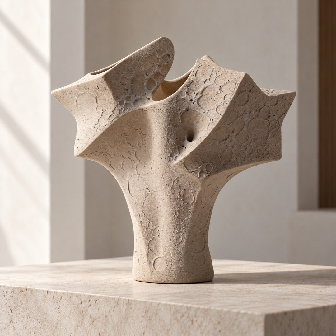 Organic Textured Ceramic Vase Large Sculptural Form 39 cm Neutral Sand Finish