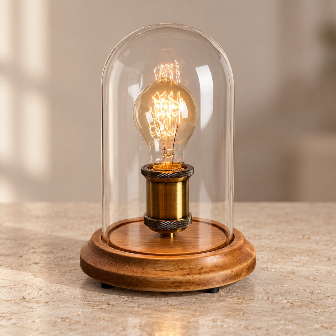 Modern Table Lamp with Glass Dome and Solid Wood Base for Bedroom and Nightstand Use