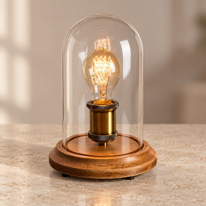 Modern Table Lamp with Glass Dome and Solid Wood Base for Bedroom and Nightstand Use