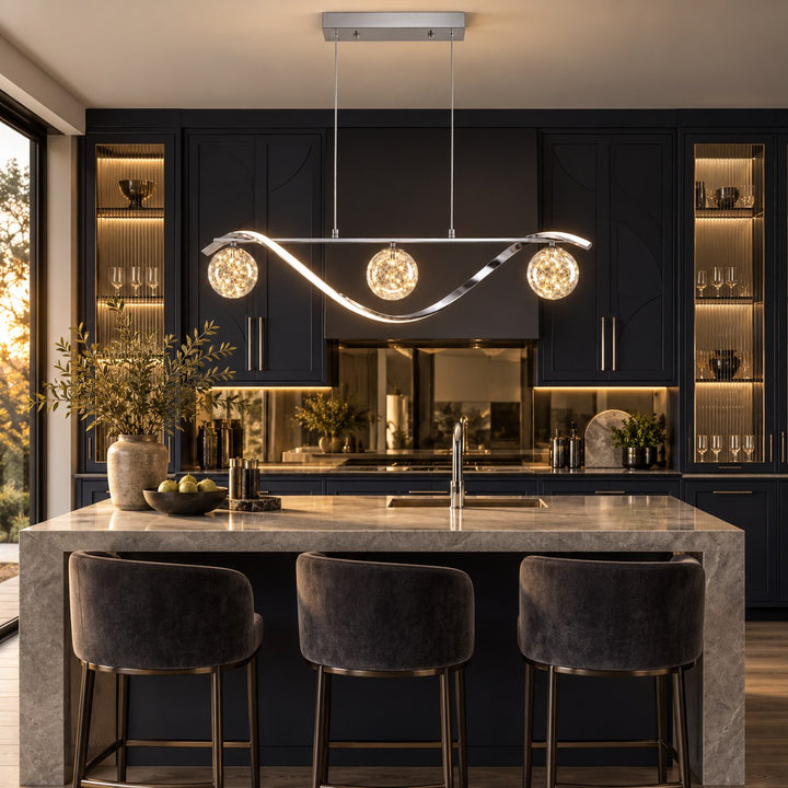 Modern Linear Pendant Light with Adjustable Height Metal Frame and LED Glass Globe Shades for Kitchen Island