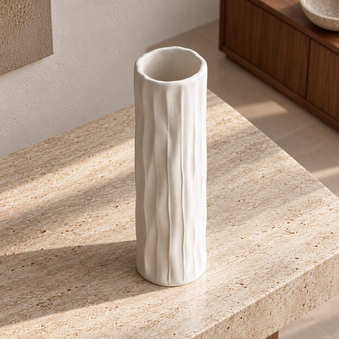 Modern Tall Ceramic Vase Cylinder White Textured Bark-Effect 40 cm for Dried Arrangements