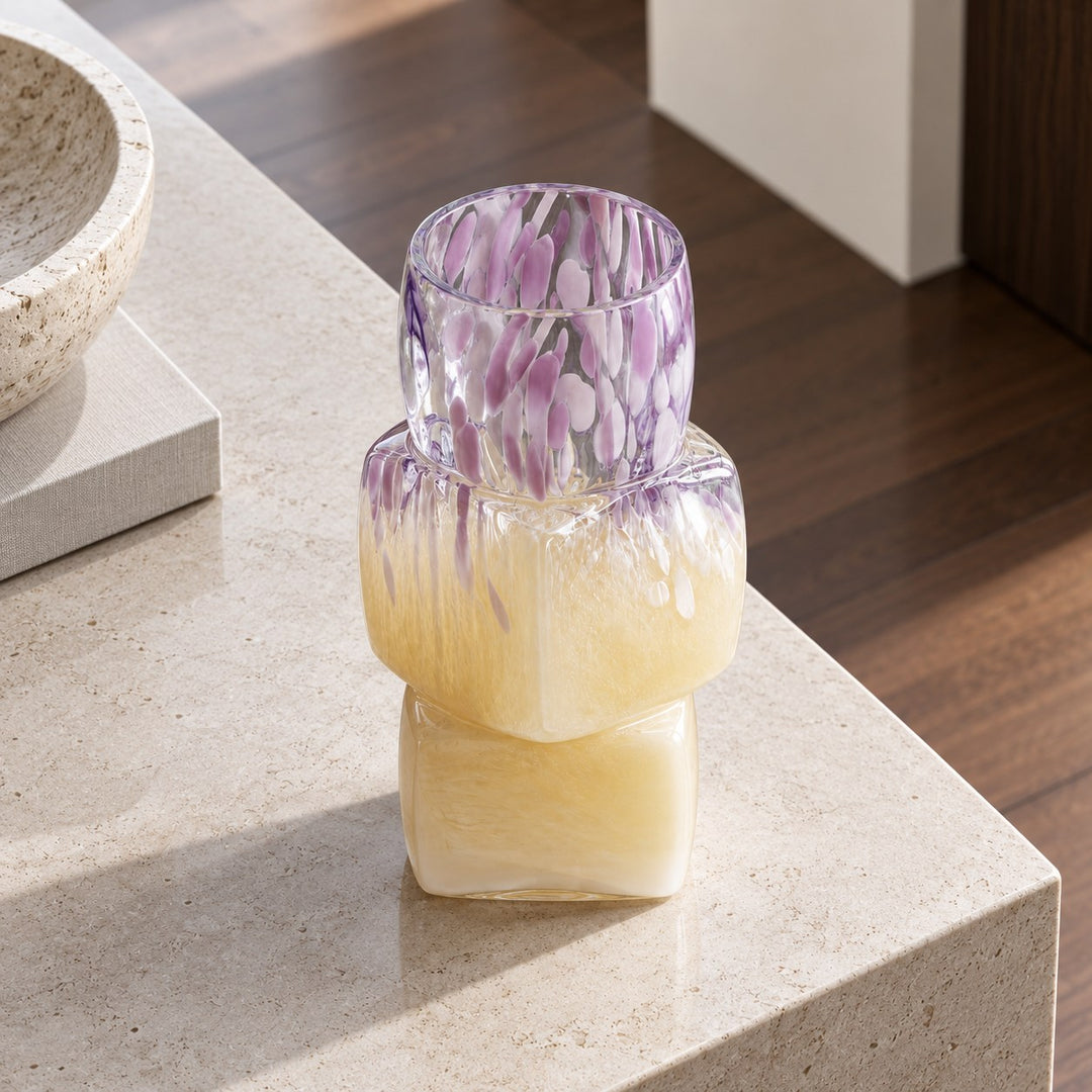 Modern Glass Vase Cube-Form Handcrafted Yellow Lavender Speckled Design 30cm Home Decor