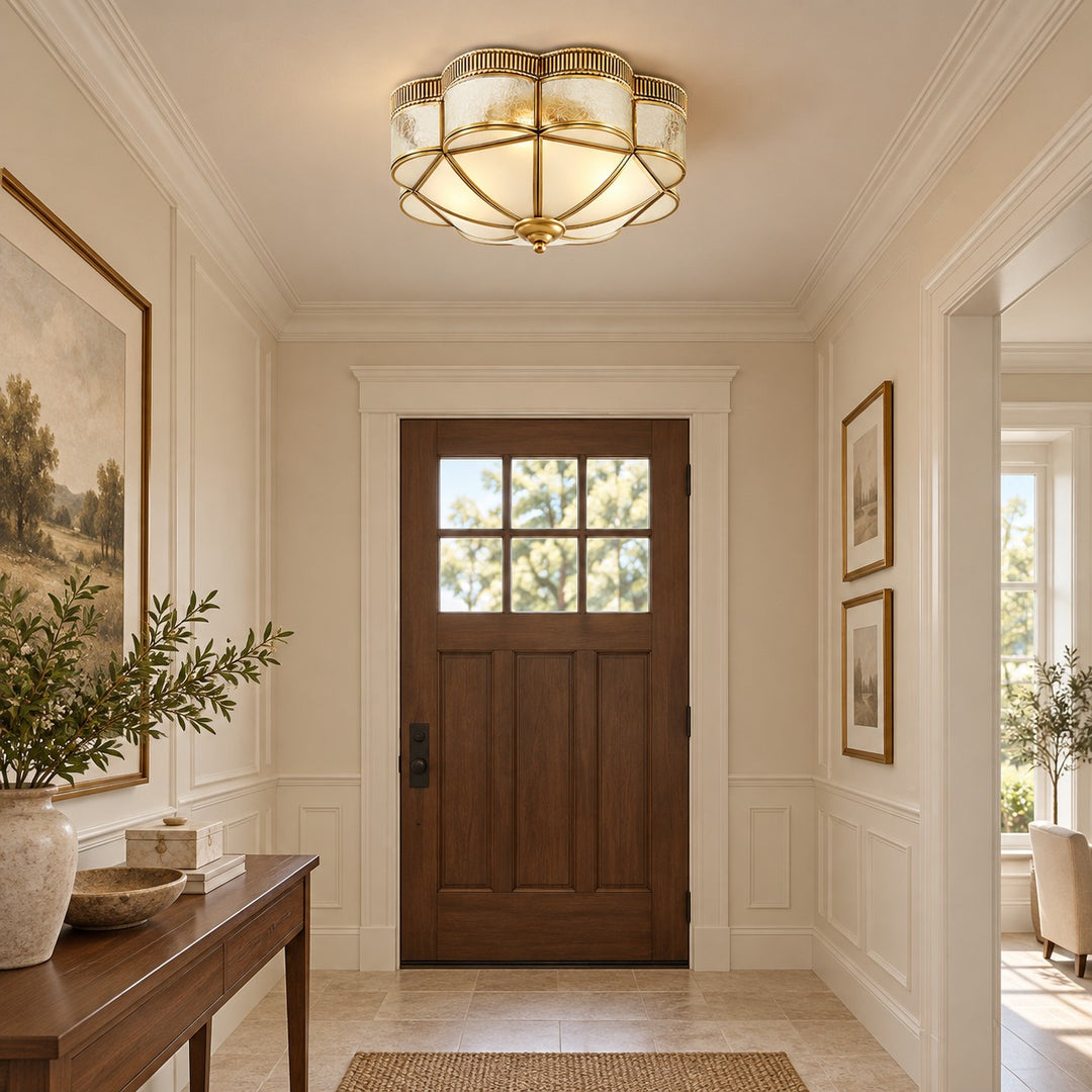 Modern Brass Flush Mount Ceiling Light with Frosted Glass Shade LED Compatible for Indoor Use