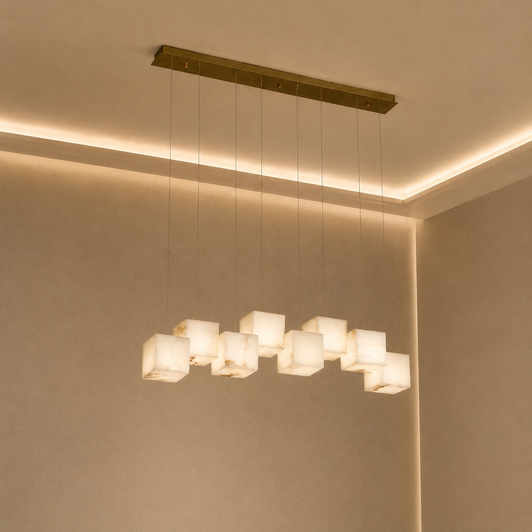Modern Alabaster Box Pendant Light Hanging Fixture with LED Compatibility and Adjustable Height