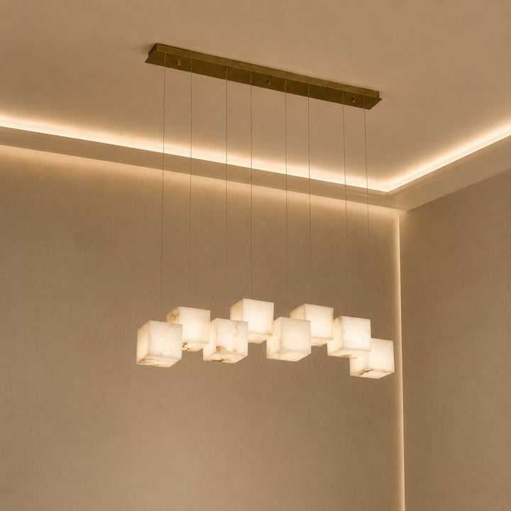 Modern Alabaster Box Pendant Light Hanging Fixture with LED Compatibility and Adjustable Height