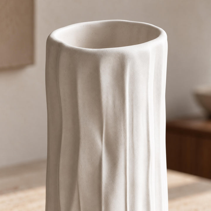 Modern Tall Ceramic Vase Cylinder White Textured Bark-Effect 40 cm for Dried Arrangements