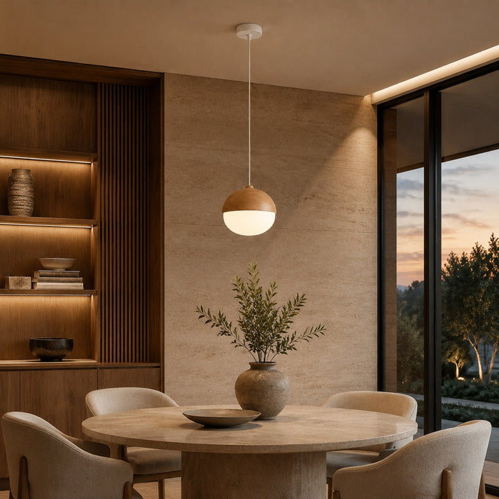 Modern Pendant Light Adjustable Hanging Fixture Wood Look Frosted Glass LED for Kitchen Island