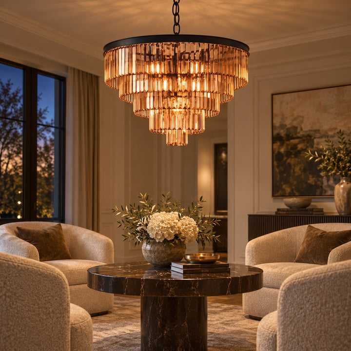 Modern Crystal Chandelier Hanging Light Fixture Metal Frame E12 Bulb Compatible Five or Seven Tiers