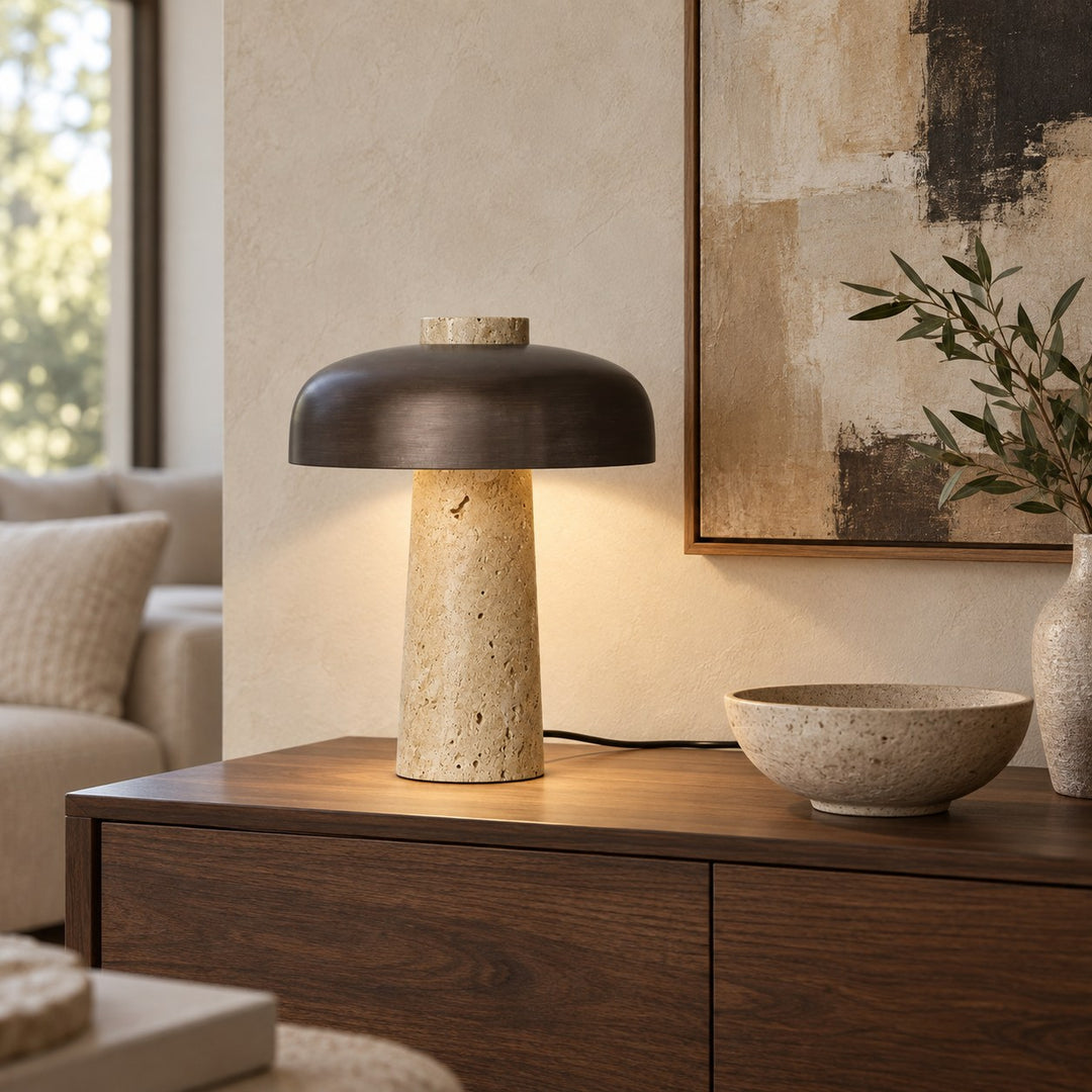 Contemporary Table Lamp Adjustable Height Natural Travertine Base Aluminum Shade Dimmable Design