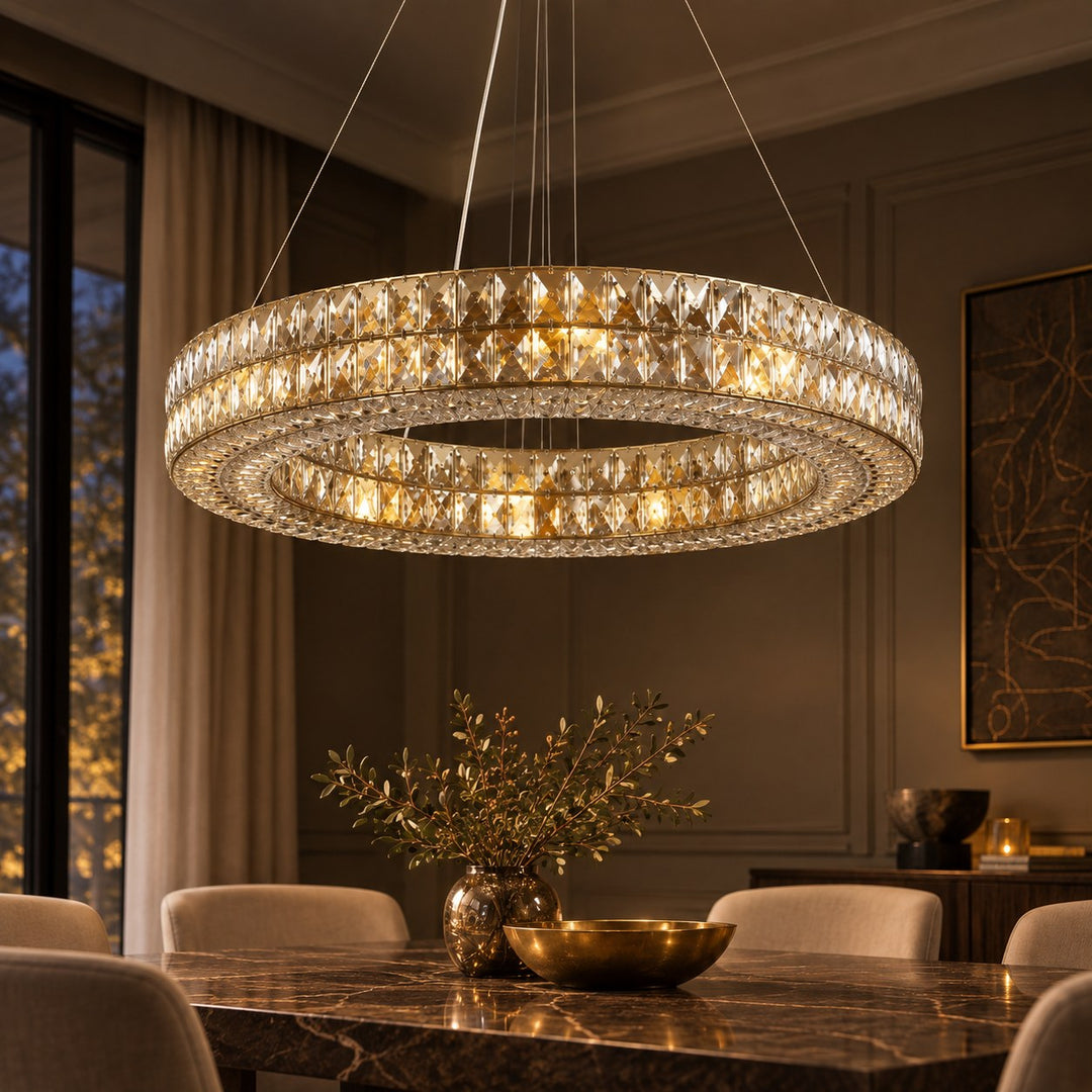 Modern Crystal Chandelier Adjustable Height Gold Metal Frame LED Lighting 9 to 16 Lights