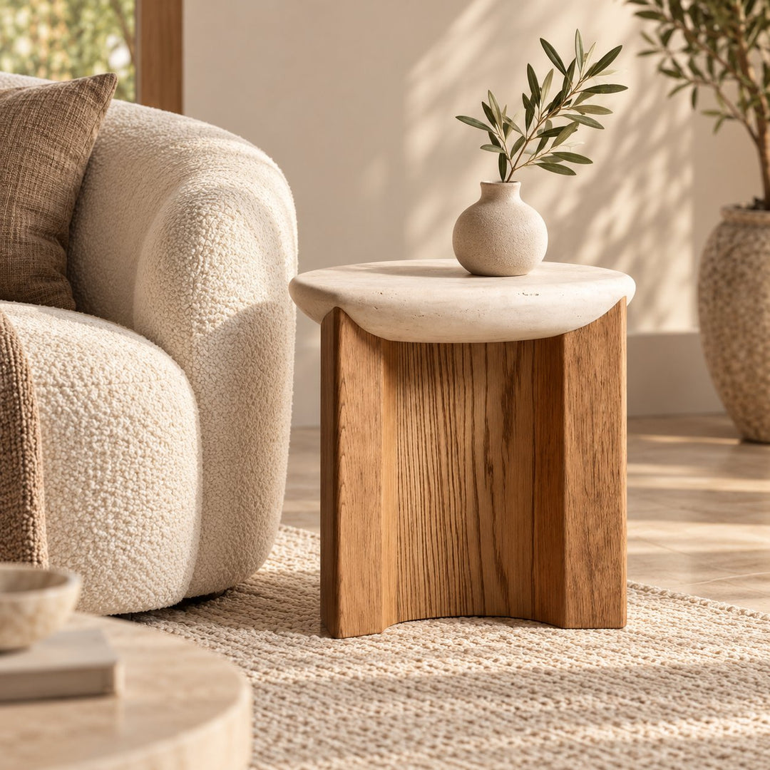 Modern Side Table Irregular Round Shape Solid Wood and Travertine Stone for Contemporary Interiors