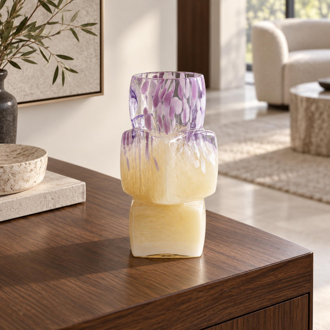 Modern Glass Vase Cube-Form Handcrafted Yellow Lavender Speckled Design 30cm Home Decor