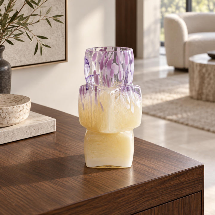 Modern Glass Vase Cube-Form Handcrafted Yellow Lavender Speckled Design 30cm Home Decor