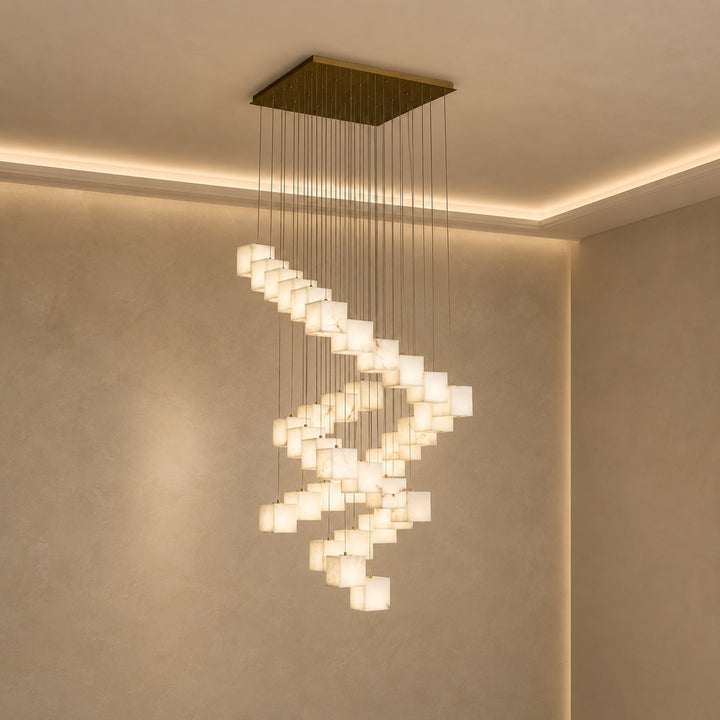 Modern Alabaster Box Pendant Light Hanging Fixture with LED Compatibility and Adjustable Height