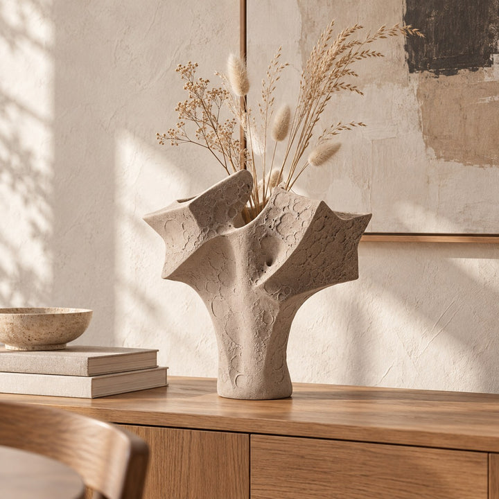 Organic Textured Ceramic Vase Large Sculptural Form 39 cm Neutral Sand Finish