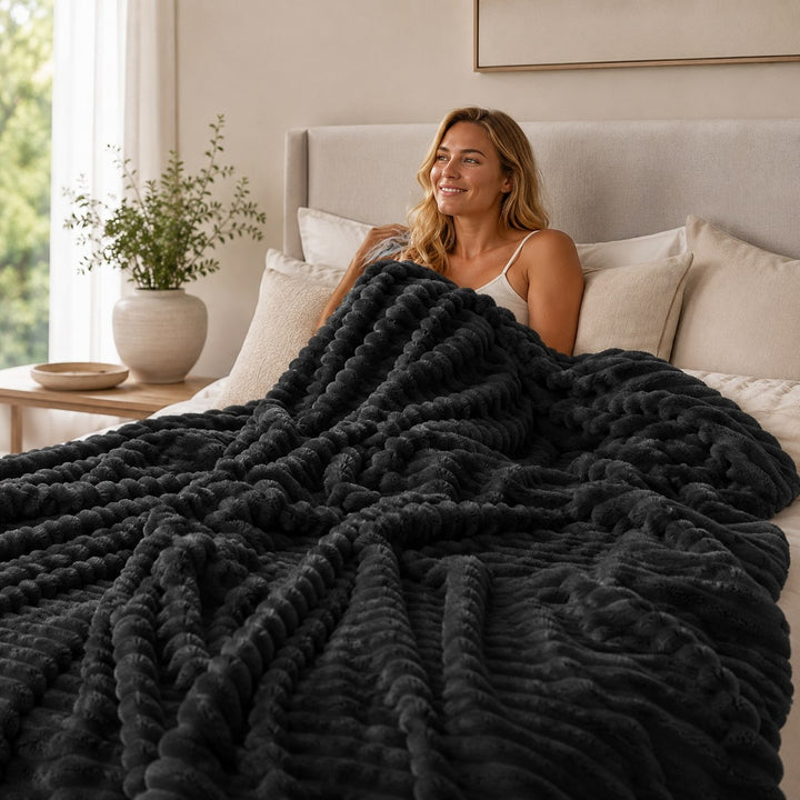 Soft Striped Throw Blanket Charcoal Grey Fleece Material Warm Cozy Design