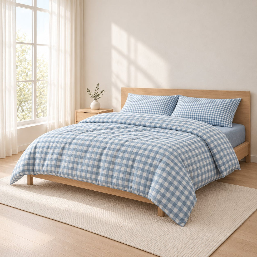Classic Gingham Bedding Set Cotton Duvet Covers with Invisible Zipper and Corner Ties