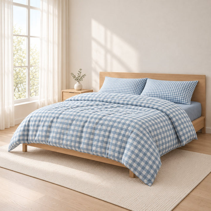 Classic Gingham Bedding Set Cotton Duvet Covers with Invisible Zipper and Corner Ties