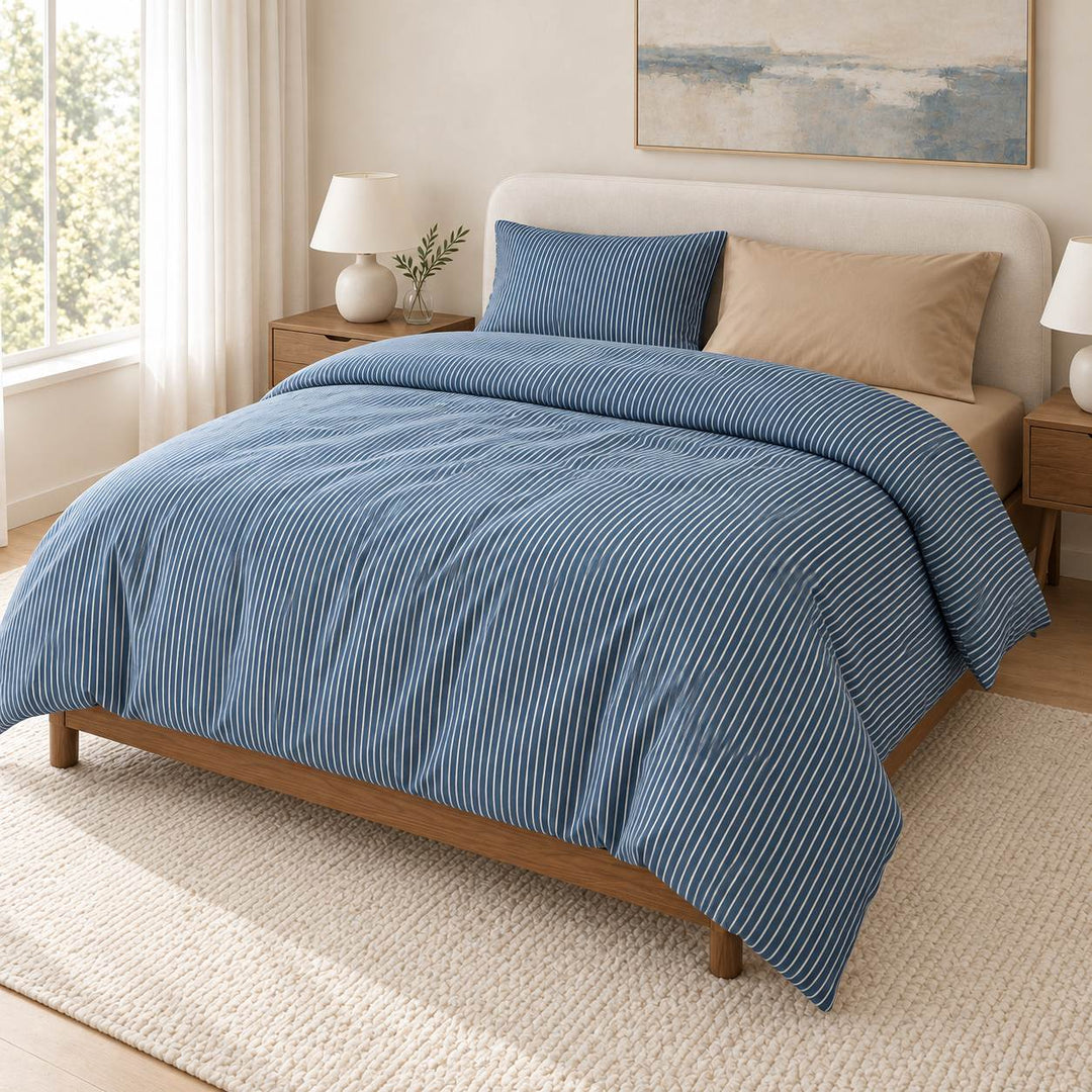 Minimalist Bedding Set Thin Striped Duvet Cover and Pillowcases Washed Cotton Breathable Comforter
