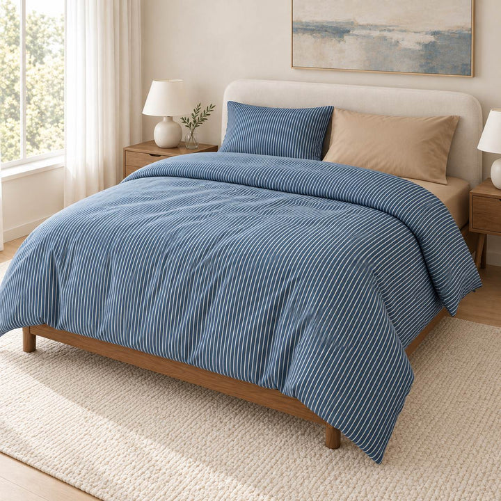 Minimalist Bedding Set Thin Striped Duvet Cover and Pillowcases Washed Cotton Breathable Comforter