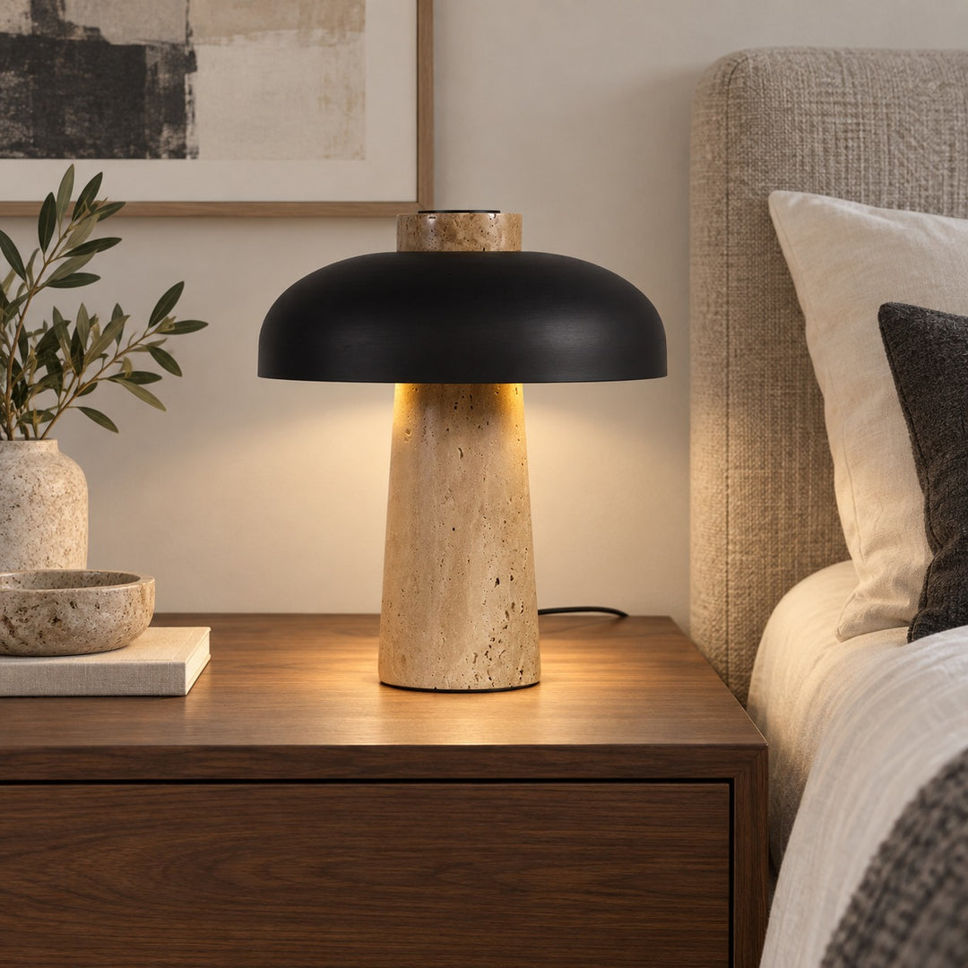 Contemporary Table Lamp Adjustable Height Natural Travertine Base Aluminum Shade Dimmable Design