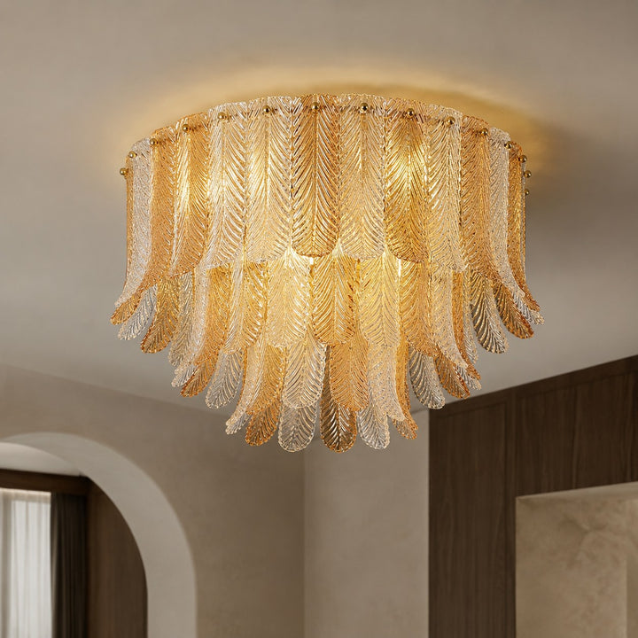 Art Deco Amber Glass Feather Ceiling Light – Brass Flush Mount Chandelier