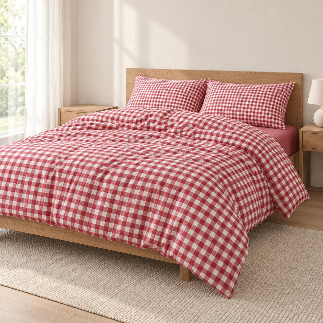 Classic Gingham Bedding Set Cotton Duvet Covers with Invisible Zipper and Corner Ties