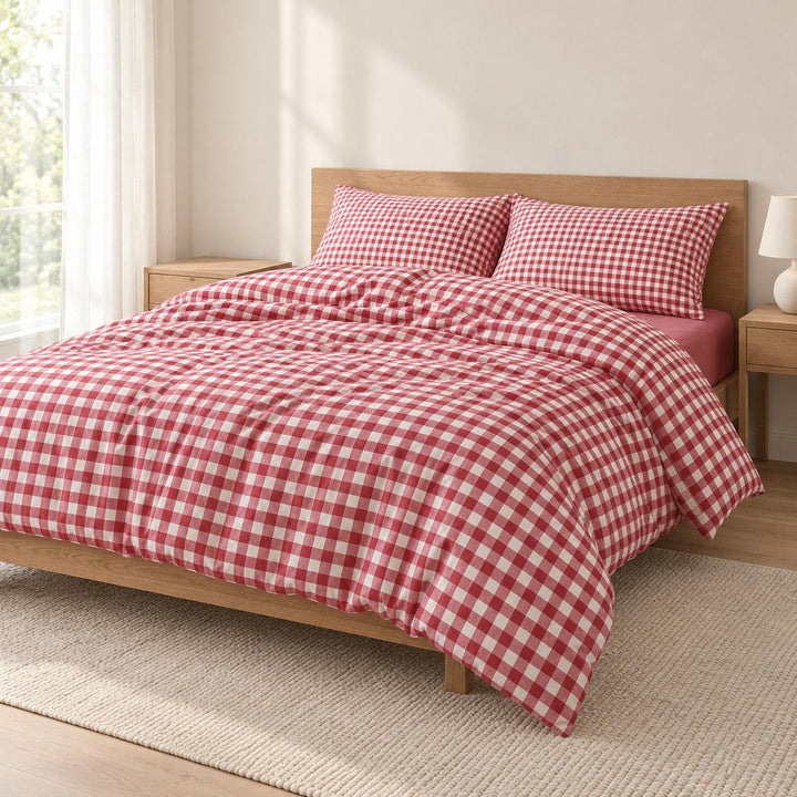 Classic Gingham Bedding Set Cotton Duvet Covers with Invisible Zipper and Corner Ties