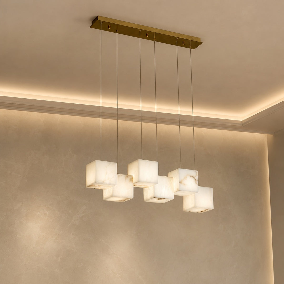 Modern Alabaster Box Pendant Light Hanging Fixture with LED Compatibility and Adjustable Height