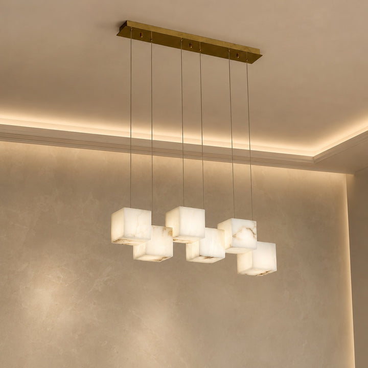 Modern Alabaster Box Pendant Light Hanging Fixture with LED Compatibility and Adjustable Height