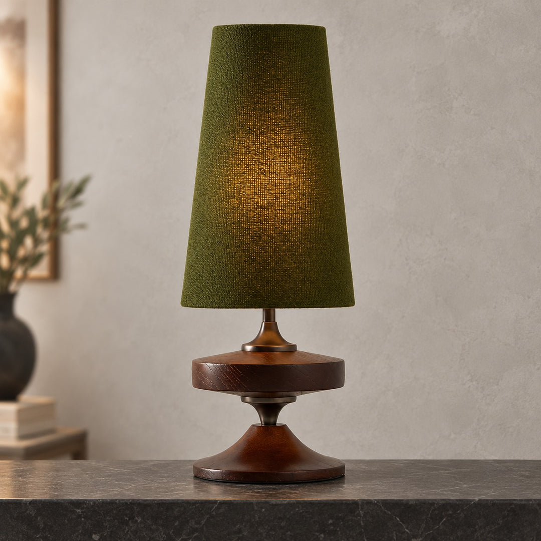 Modern Table Lamp with Tapered Fabric Shade and Walnut Wood Base Dimmable Plug-in Design