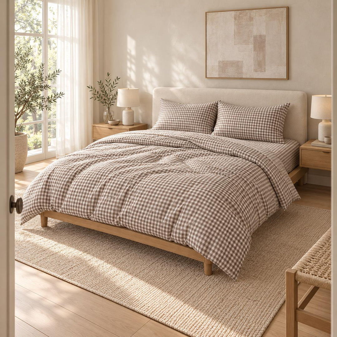 Classic Gingham Bedding Set Cotton Duvet Covers with Invisible Zipper and Corner Ties