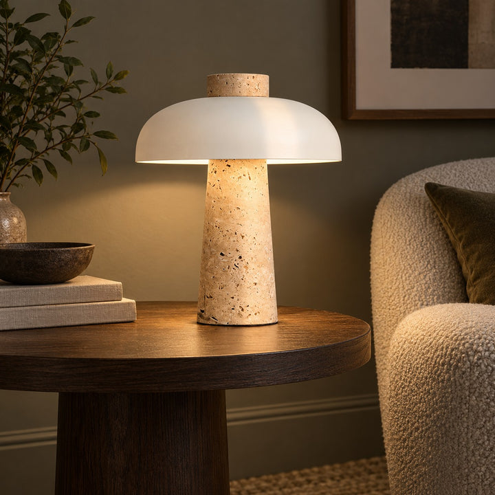Contemporary Table Lamp Adjustable Height Natural Travertine Base Aluminum Shade Dimmable Design