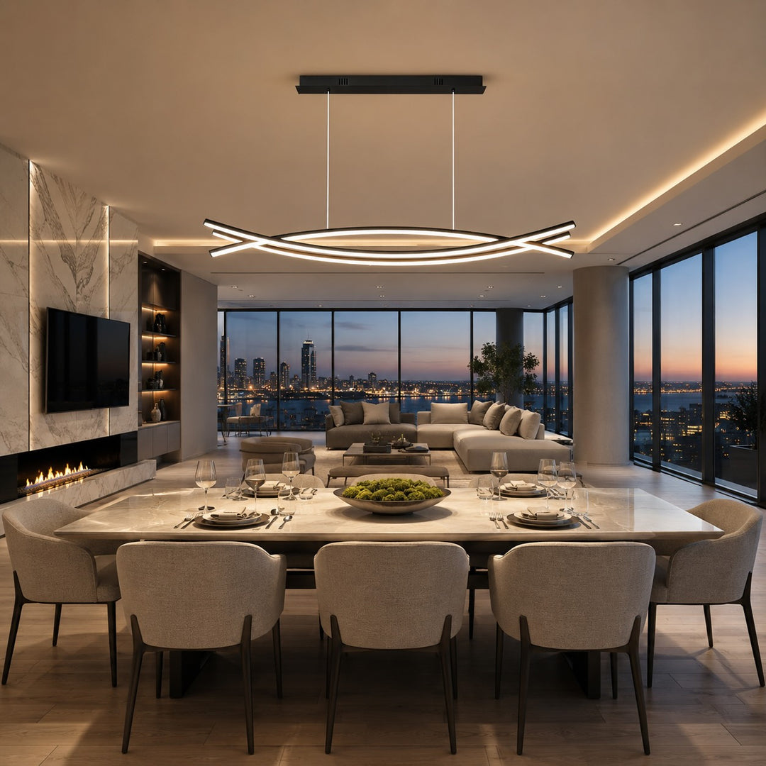 Modern Black Pendant Light Linear Hanging Aluminum LED Fixture with Adjustable Height Dimmable