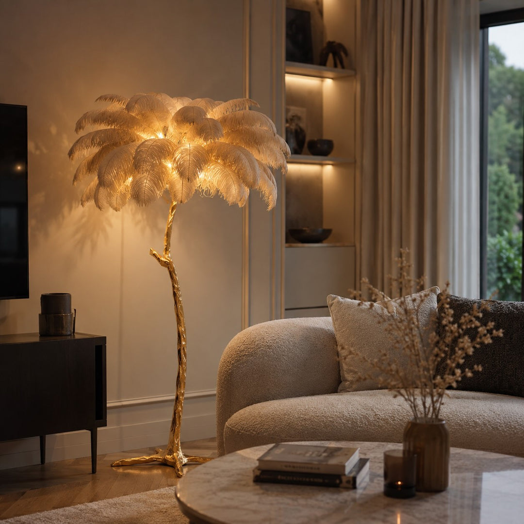 Modern Floor Lamp with Copper Base and Real Ostrich Feathers for Soft Ambient Lighting