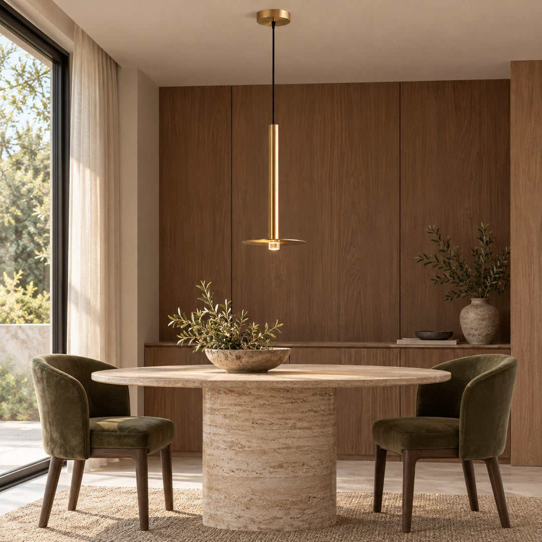 Modern Brass Disc LED Pendant Light with Slim Architectural Stem