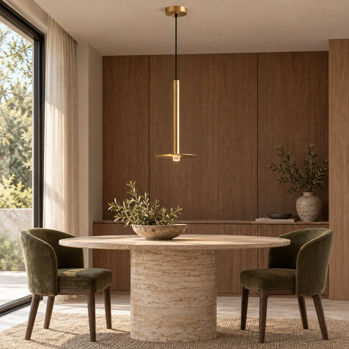 Modern Brass Disc LED Pendant Light with Slim Architectural Stem