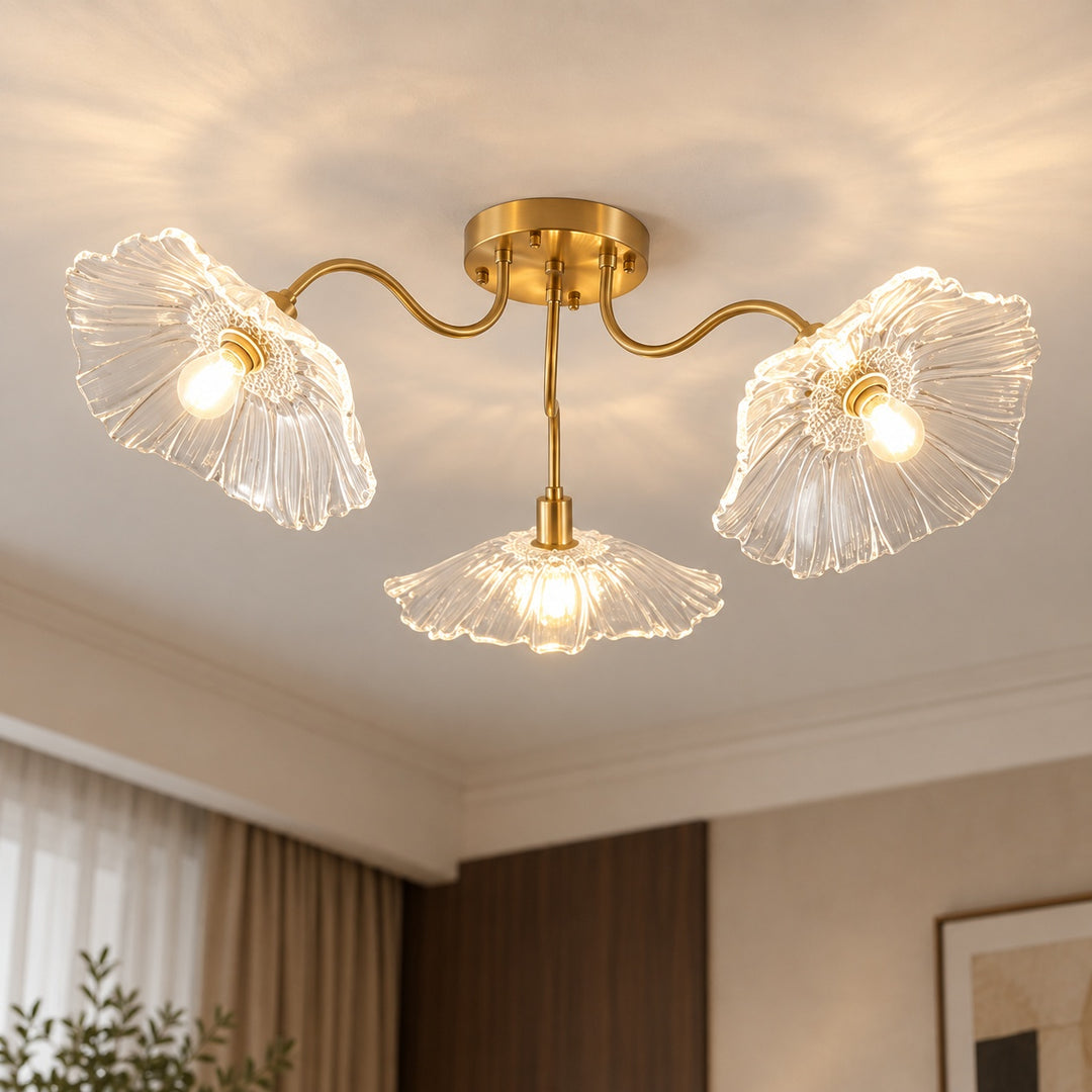 Modern Flush Mount Ceiling Light Fixture with Lotus Leaf Glass Shade and LED Technology