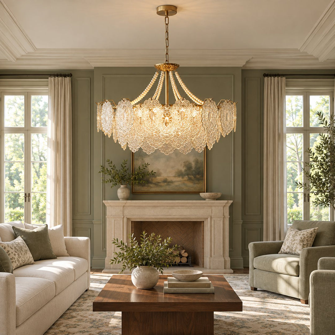 Modern Glass Chandelier Light Pendant Fixture Ceiling Mounted with Pearl Accents for Ambient Illumination