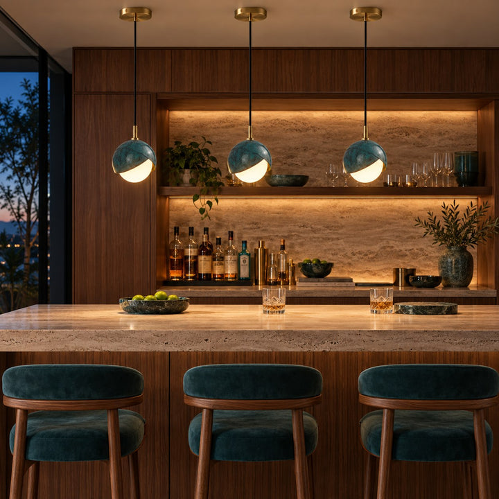 Modern Deep Sea Blue Glass Globe Pendant Light with Brass – G9 Ceiling Light