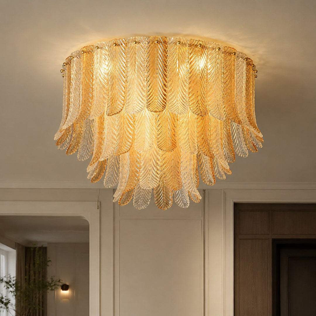 Art Deco Amber Glass Feather Ceiling Light – Brass Flush Mount Chandelier